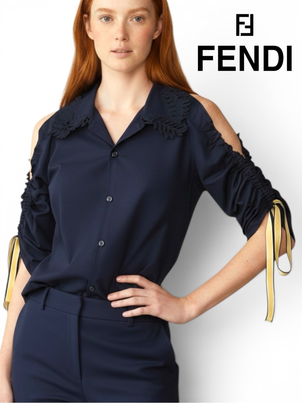 Fendi Womens Navy Blue Button Up Cold Shoulder 3/4 Sleeve Blouse Top - Size 40
